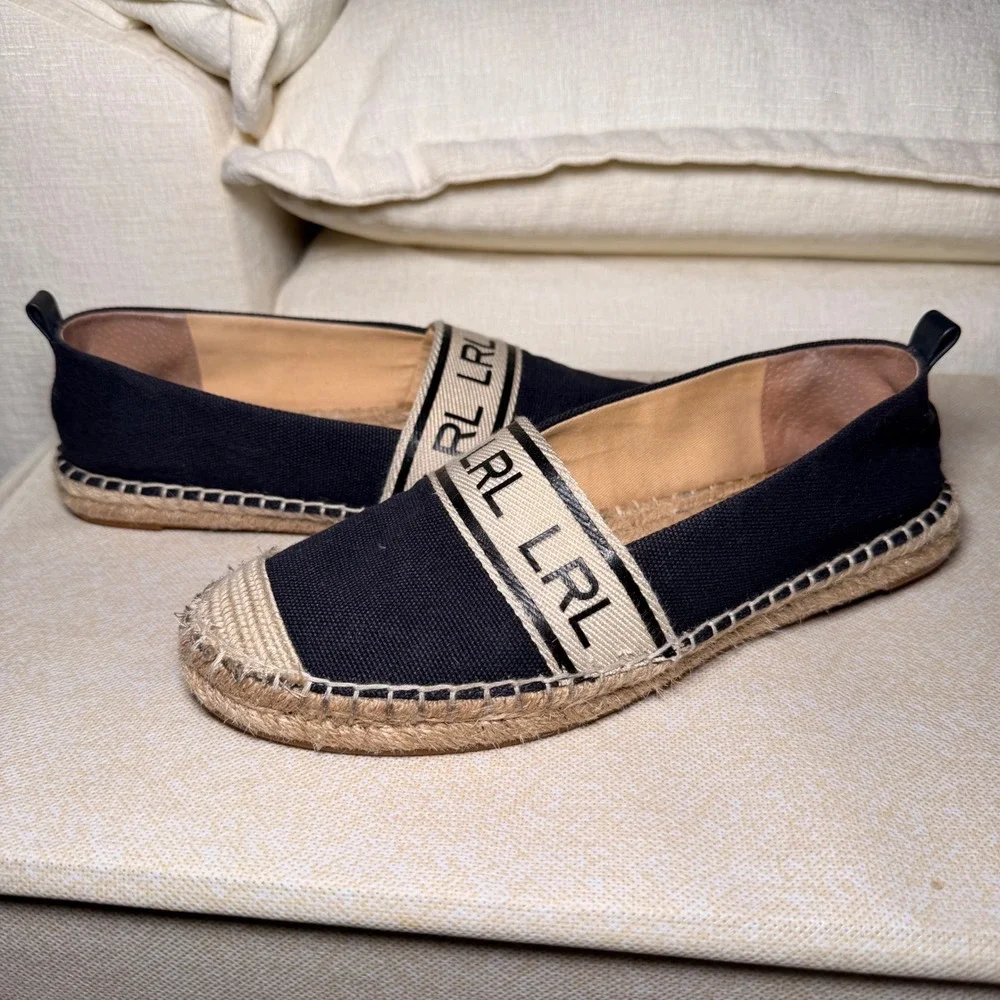 Lauren Ralph Lauren Caylee Espadrille Flats Womens 7.5 Navy Canvas Logo Nautical